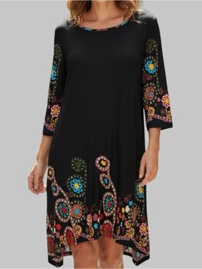 Reborn Womens Black Floral 3/4 Sleeve Midi Dress Fairy Boho Cottagecore Size XL